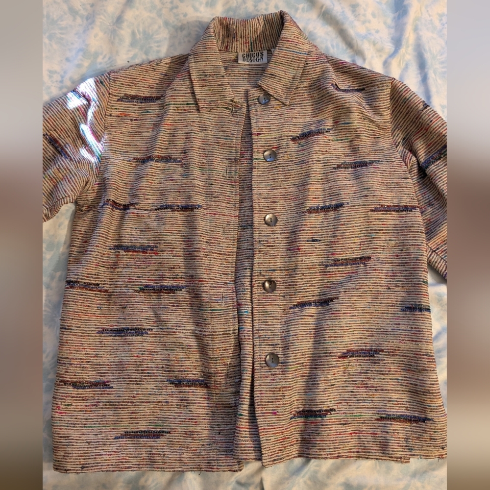 Striped Button-Front Shacket with Multicolor Speckle